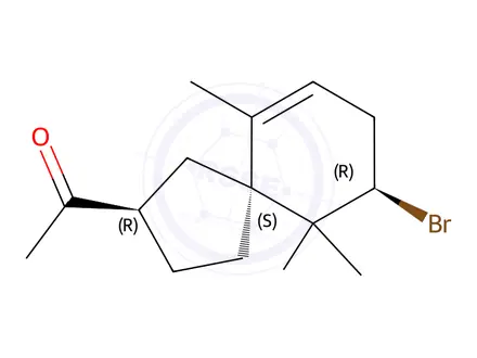 Chemical structure of 1-[(2R,5S,9R)-9-Bromo-6,10,10-trimethylspiro[4.5]dec-6-en-2-yl]ethanone