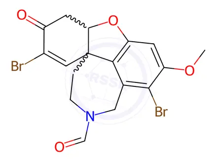 Chemical structure of rac-(4aα)-4a,5,9,10,11,12-Hexahydro-1,5-dibromo-11-formyl-3-methoxy-6H-benzofuro[3a,3,2-e,f][2]benzazepin-6-one