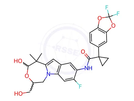 Chemical structure of 1-(2,2-Difluorobenzo[d][1,3]dioxol-5-yl)-N-(8-fluoro-2-hydroxy-4-(hydroxymethyl)-1,1-dimethyl-1,2,4,5-tetrahydro-[1,4]oxazepino[4,5-a]indol-9-yl)cyclopropane-1-carboxamide