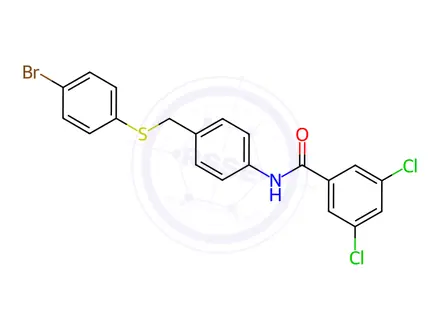 Chemical structure of N-(4-(((4-bromophenyl)thio)methyl)phenyl)-3,5-dichlorobenzamide