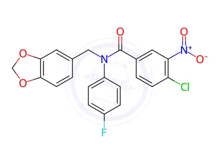 Chemical structure of N-(Benzo[d][1,3]dioxol-5-ylmethyl)-4-chloro-N-(4-fluorophenyl)-3-nitrobenzamide