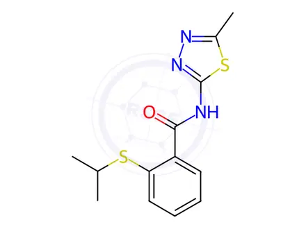 Chemical structure of N-(5-methyl-1,3,4-thiadiazol-2-yl)-2-propan-2-ylsulfanylbenzamide