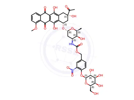 Chemical structure of 3-Nitro-4-(((2S,3R,4S,5R,6R)-3,4,5-trihydroxy-6-(hydroxymethyl)tetrahydro-2H-pyran-2-yl)oxy)benzyl ((2S,3S,4S,6R)-6-(((1S,3S)-3-acetyl-3,5,12-trihydroxy-10-methoxy-6,11-dioxo-1,2,3,4,6,11-hexahydrotetracen-1-yl)oxy)-3-hydroxy-2-methyltetrahydro-2H-pyran-4-yl)carbamate