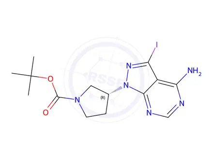 Chemical structure of Tert-butyl (R)-3-(4-amino-3-iodo-1H-pyrazolo[3,4-d]pyrimidin-1-yl)pyrrolidine-1-carboxylate