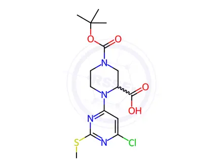 Chemical structure of 4-(tert-Butoxycarbonyl)-1-(6-chloro-2-(methylthio)pyrimidin-4-yl)piperazine-2-carboxylic acid