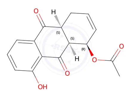Chemical structure of rel-(1R,4aS,9aS)-8-Hydroxy-9,10-dioxo-1,4,4a,9,9a,10-hexahydroanthracen-1-yl acetate