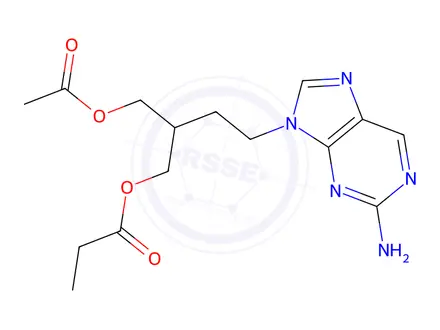 Chemical structure of 2-(Acetoxymethyl)-4-(2-amino-9H-purin-9-yl)butyl propionate