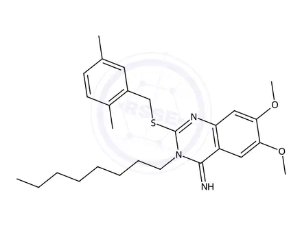 Chemical structure of 2-((2,5-Dimethylbenzyl)thio)-6,7-dimethoxy-3-octylquinazolin-4(3H)-imine