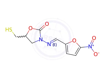 Chemical structure of 5-(Mercaptomethyl)-3-(((5-nitrofuran-2-yl)methylene)amino)oxazolidin-2-one