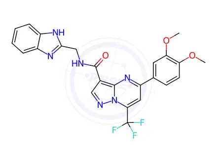 Chemical structure of N-(1H-benzimidazol-2-ylmethyl)-5-(3,4-dimethoxyphenyl)-7-(trifluoromethyl)pyrazolo[1,5-a]pyrimidine-3-carboxamide