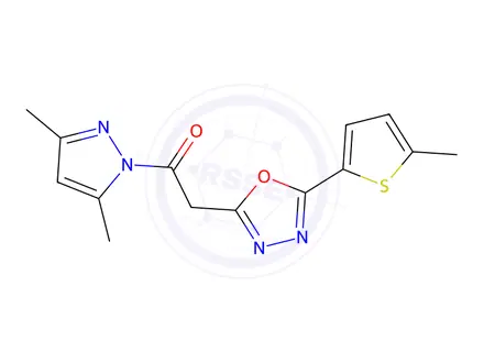 Chemical structure of 1-(3,5-Dimethyl-1H-pyrazol-1-yl)-2-(5-(5-methylthiophen-2-yl)-1,3,4-oxadiazol-2-yl)ethan-1-one