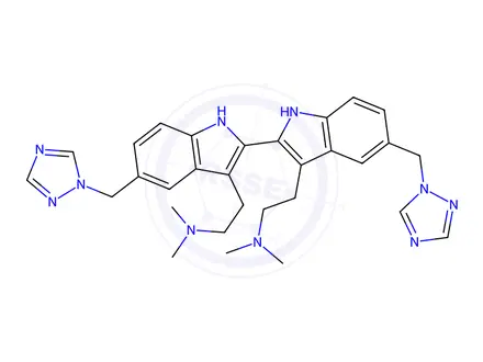 Chemical structure of 2,2â€™-(5,5â€™-Bis((1H-1,2,4-triazol-1-yl)methyl)-2,2â€™-bi(1H-indole)-2,2â€™-diyl)bis(N,N-dimethylethanamine)