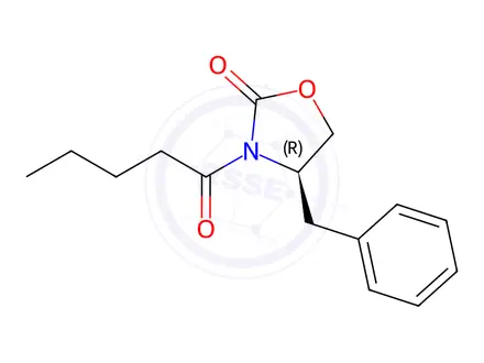 Chemical structure of 2-Oxazolidinone, 3-(1-oxopentyl)-4-(phenylmethyl)-, (4R)-