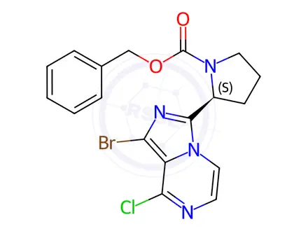 Chemical structure of Benzyl (S)-2-(1-bromo-8-chloroimidazo[1,5-a]pyrazin-3-yl)pyrrolidine-1-carboxylate