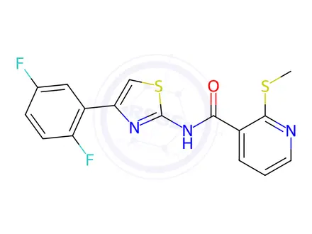 Chemical structure of N-(4-(2,5-Difluorophenyl)thiazol-2-yl)-2-(methylthio)nicotinamide