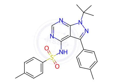 Chemical structure of N-(1-(tert-butyl)-3-(p-tolyl)-1H-pyrazolo[3,4-d]pyrimidin-4-yl)-4-methylbenzenesulfonamide