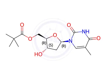 Chemical structure of ((2R,3S,5R)-3-Hydroxy-5-(5-methyl-2,4-dioxo-3,4-dihydropyrimidin-1(2H)-yl)tetrahydrofuran-2-yl)methyl Pivalate