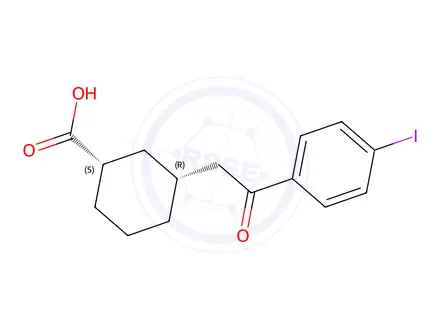 Chemical structure of (1S,3R)-3-(2-(4-iodophenyl)-2-oxoethyl)cyclohexane-1-carboxylic acid