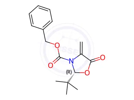 Chemical structure of 3-Oxazolidinecarboxylic acid, 2-(1,1-dimethylethyl)-4-methylene-5-oxo-, phenylmethyl ester, (2R)-