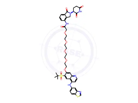 Chemical structure of Acetamide, 2-[2-[2-[2-[2-[[4-(5-benzothiazolylamino)-6-[(1,1-dimethylethyl)sulfonyl]-7-quinolinyl]oxy]ethoxy]ethoxy]ethoxy]ethoxy]-N-[2-(2,6-dioxo-3-piperidinyl)-2,3-dihydro-1-oxo-1H-isoindol-4-yl]-