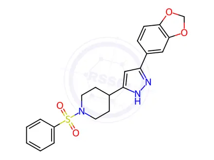 Chemical structure of 4-[5-(1,3-benzodioxol-5-yl)-1H-pyrazol-3-yl]-1-(phenylsulfonyl)piperidine