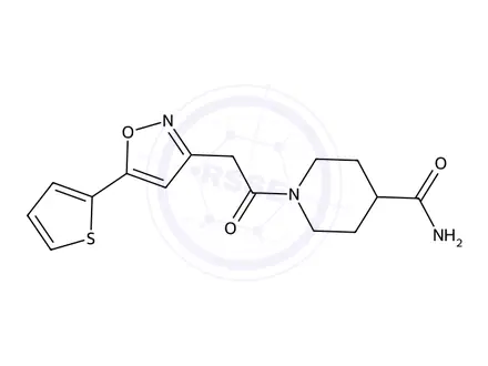 Chemical structure of 1-(2-(5-(Thiophen-2-yl)isoxazol-3-yl)acetyl)piperidine-4-carboxamide