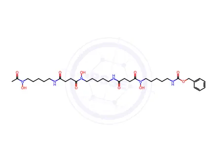 Chemical structure of benzyl N-[5-(N-hydroxy-3-{[5-(N-hydroxy-3-{[5-(N-hydroxyacetamido)pentyl]carbamoyl}propanamido)pentyl]carbamoyl}propanamido)pentyl]carbamate