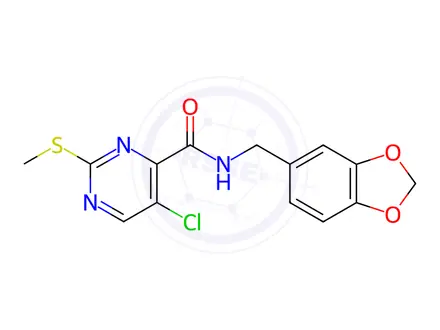 Chemical structure of N-(Benzo[d][1,3]dioxol-5-ylmethyl)-5-chloro-2-(methylthio)pyrimidine-4-carboxamide