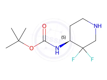 Chemical structure of (S)-tert-butyl 3,3-difluoropiperidin-4-ylcarbamate