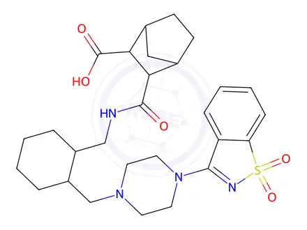 Chemical structure of 3-(((2-((4-(1,1-dioxidobenzo[d]isothiazol-3-yl)piperazin-1-yl)methyl)cyclohexyl)methyl)carbamoyl)bicyclo[2.2.1]heptane-2-carboxylic acid