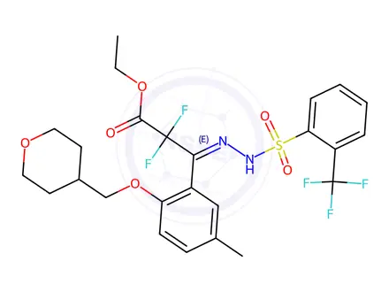 Chemical structure of (E)-Ethyl 2,2-difluoro-3-(5-methyl-2-((tetrahydro-2H-pyran-4-yl)methoxy)phenyl)-3-(2-((2-(trifluoromethyl)phenyl)sulfonyl)hydrazono)propanoate