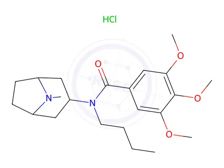 Chemical structure of Benzamide, N-butyl-4-(8-methyl-8-azabicyclo(3.2.1)oct-3-yl)-3,4,5-trim ethoxy-, monohydrochloride, endo-