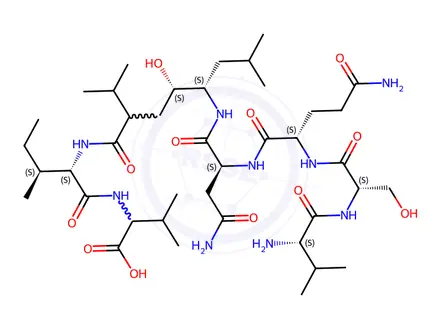 Chemical structure of ((2S,4S,5S)-5-((S)-4-Amino-2-((S)-5-amino-2-((S)-2-((S)-2-amino-3-methylbutanamido)-3-hydroxypropanamido)-5-oxopentanamido)-4-oxobutanamido)-4-hydroxy-2-isopropyl-7-methyloctanoyl)-L-isoleucyl-L-valine