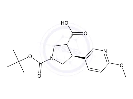 Chemical structure of (3R,4S)-rel-1-(tert-Butoxycarbonyl)-4-(6-methoxypyridin-3-yl)pyrrolidine-3-carboxylic acid