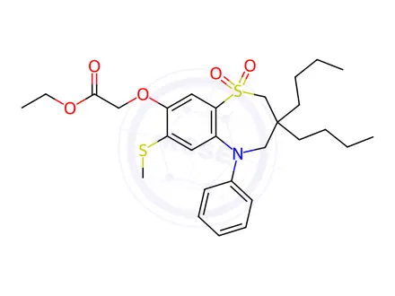 Chemical structure of Ethyl 2-((3,3-dibutyl-7-(methylthio)-1,1-dioxido-5-phenyl-2,3,4,5-tetrahydrobenzo[b][1,4]thiazepin-8-yl)oxy)Acetate