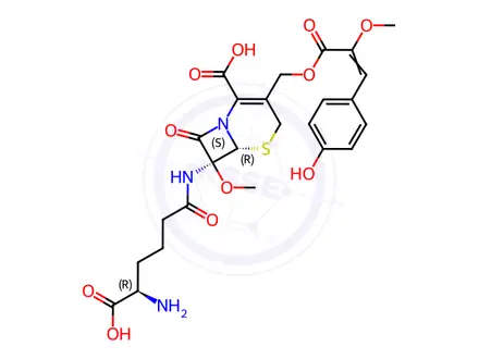 Chemical structure of (6R,7S)-7α-[[(R)-5-Amino-5-carboxy-1-oxopentyl]amino]-3-[[[3-(4-hydroxyphenyl)-2-methoxy-1-oxo-2-propenyl]oxy]methyl]-7-methoxy-8-oxo-5-thia-1-azabicyclo[4.2.0]oct-2-ene-2-carboxylic acid