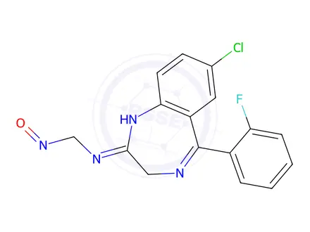 Chemical structure of 7-Chloro-5-(2-fluorophenyl)-N-(nitrosomethyl)-3H-benzo[e][1,4]diazepin-2-amine