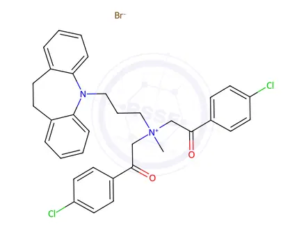Chemical structure of N,N-bis(2-(4-chlorophenyl)-2-oxoethyl)-3-(10,11-dihydro-5H-dibenzo[b,f]azepin-5-yl)-N-methylpropan-1-aminium bromide
