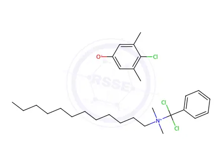 Chemical structure of (dichlorobenzyl)dodecyldimethylammonium, salt with 4-chloro-3,5-xylenol (1:1)