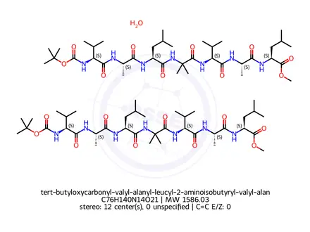 Chemical structure of tert-butyloxycarbonyl-valyl-alanyl-leucyl-2-aminoisobutyryl-valyl-alanyl-leucyl methyl ester
