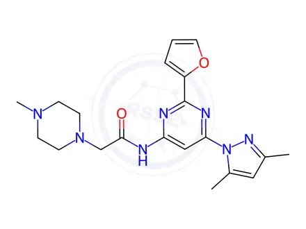 Chemical structure of N-[6-(3,5-Dimethyl-pyrazol-1-yl)-2-furan-2-yl-pyrimidin-4-yl]-2-(4-methyl-piperazin-1-yl)-acetamide
