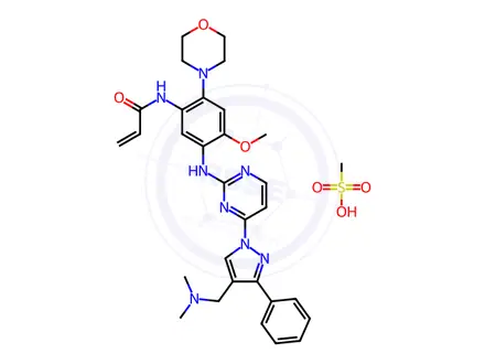 Chemical structure of N-(5-((4-(4-((dimethylamino)methyl)-3-phenyl-1H-pyrazol-1-yl)pyrimidin-2-yl)amino)-4-methoxy-2-morpholinophenyl)acrylamide methanesulfonate