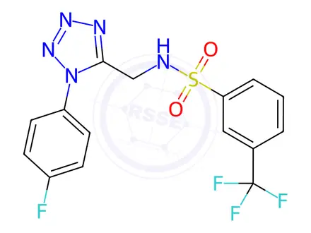 Chemical structure of N-((1-(4-Fluorophenyl)-1H-tetrazol-5-yl)methyl)-3-(trifluoromethyl)benzenesulfonamide