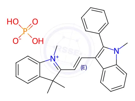 Chemical structure of 1,3,3-trimethyl-2-[2-(1-methyl-2-phenyl-1H-indol-3-yl)vinyl]-3H-indolium dihydrogen phosphate