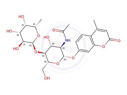 Chemical structure of 4-Methylumbelliferyl 2-Acetamido-2-deoxy-4-O-(α-L-fucopyranosyl)-β-D-glucopyranoside