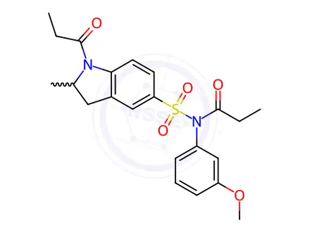 Chemical structure of N-(3-Methoxyphenyl)-N-((2-methyl-1-propionylindolin-5-yl)sulfonyl)propionamide