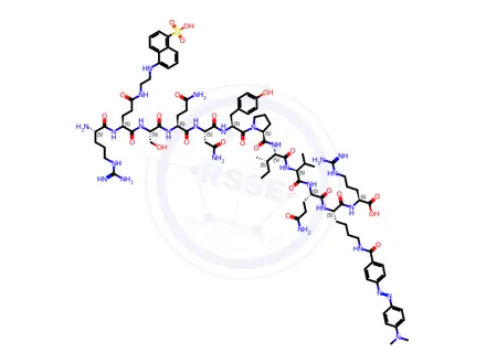 Chemical structure of L-Arginine, L-arginyl-N-[2-[(5-sulfo-1-naphthalenyl)amino]ethyl]-L-glutaminyl-L-seryl-L-glutaminyl-L-asparaginyl-L-tyrosyl-L-prolyl-L-isoleucyl-L-valyl-L-glutaminyl-N6-[4-[2-[4-(dimethylamino)phenyl]diazenyl]benzoyl]-L-lysyl-