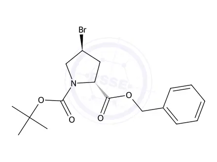 Chemical structure of 2-Benzyl 1-(tert-butyl) (2R,4S)-4-bromopyrrolidine-1,2-dicarboxylate