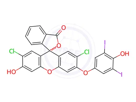 Chemical structure of Spiro[isobenzofuran-1(3H),9'-[9H]xanthen]-3-one, 2',7'-dichloro-3'-hydroxy-6'-(4-hydroxy-3,5-diiodophenoxy)-