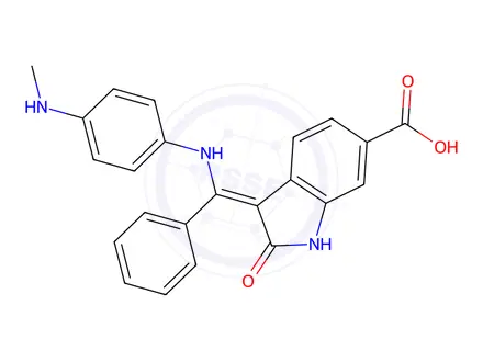 Chemical structure of 3-[(4-Methylamino-phenylamino)-phenyl-methylene]-2-oxo-2,3-dihydro-1H-indole-6-carboxylic acid